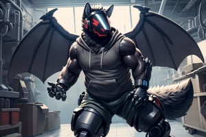 (black fur, red visor, protogen, wolf ears) (mechanical legs:1.3), (two metalic wings:1.2) (indoors, robotic laboratory background, detailed background), (posing),(dynamic pose),(long fluffy tail:1.3), 4 fingers, (wrist strap),slightly chubby, (gray sleeveless open hoodie:1.2), (torn clothes), (blue cargo shorts:1.3), (photorealistic, hyper realistic, ultra detailed, ultra detailed background, octane render, soft lighting, ultra detailed),(by adios) (by null-ghost)