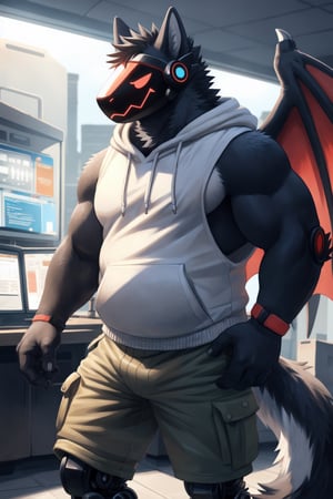(black fur, red visor, protogen, wolf ears) (mechanical legs:1.3), (two metalic wings:1.2) (indoors, robotic laboratory background, detailed background), (posing),(dynamic pose),(long fluffy tail:1.3), 4 fingers, (wrist strap),slightly chubby, (gray sleeveless open hoodie:1.2), (torn clothes), (blue cargo shorts:1.3), (by glitter trap boy:0.8), (by sugaryhotdog:0.7), (by rossciaco:1.2)(photorealistic, hyper realistic, ultra detailed, ultra detailed background, octane render, soft lighting, ultra detailed), (best quality, high quality:1.4)