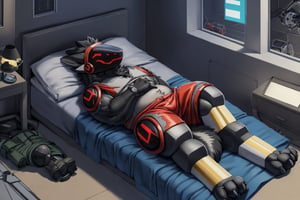 anthro, male, male focus,(black fur:1.5)(red visor:1.6) (mechanical legs:1.6) (indoors, robotic laboratory, (sleeping, on back, bed, closed eyes), (wolf long fluffy tail:1.3), 4 fingers, (wrist strap),slightly chubby, (gray sleeveless open hoodie:1.2), (torn clothes), (blue cargo shorts:1.3), extreme detailed face, full-length portrait,(hi res, best quality, high quality, detailed, shaded, shading, masterpiece) (by rossciaco, by adios), protogen face,protogen,protogen visor, detailed_background