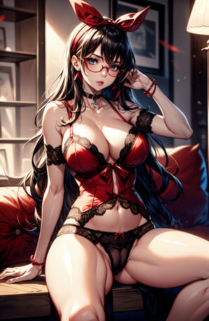 1girl, bare shoulders, black hair, black panties, bow, bow panties, breasts, choker, cleavage, collarbone, glasses, hair ribbon, hairband, indoors, large breasts, lingerie, lips, long hair, looking at viewer, messy hair, panties, parted lips, red-framed eyewear, red hairband, red headband, red ribbon, ribbon, sitting, solo, spread legs, thighs, underwear, yuzu
