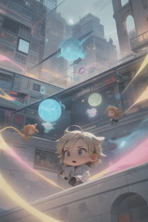 2D Cartoon short fat chibi style einstein in a white lab coat confused about physics theory molecules in transparant background