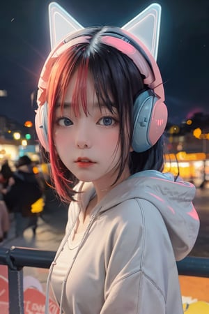 (frontal view, facing viewer:1.2), centered, masterpiece, face portrait, | 1girl, solo, short hairstyle, light blue eyes, | (neon wireless headphones headset:1.2), dark blue hoodie, | futuristic city lights, sunset, buildings, urban scenery, neon lights | bokeh, depth of field, | n64style, ocarinaoftime, High detailed,1 girl,japeruana,Detailedface