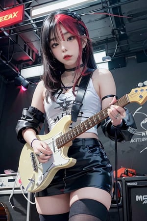 anime coloring,Heavy metal, black leather, heavy music, standing tall, epic guitar solo, girl solo electric guitar, female guitarist of metal, girl playing the guitar, electric guitar made of metal, female rocker playing a concert, anime style,white hair,thigh_highs
,,best quality,masterpoece,(loli:1.1),highly detailed,japeruana