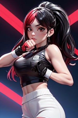 Potrait,High Definition, 300 Dpi, 4k, hyper realistic, attractive, best quality, MASTERPIECE,3d style,3DMM,female boxer, boxing pose, in the boxing arena, wearing boxing outfit,long black hair,m4d4m,japeruana