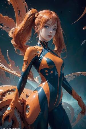 (masterpiece, top quality, best quality, official art, beautiful and aesthetic:1.2),orange, (1girl), extreme detailed, (abstract, fractal art:1.3), colorful hair, twin tails, highest detailed, detailed_eyes, light_particles, woman in a orange latex blue space suit, (dynamic angle:1.3), (blue eyes),japeruana