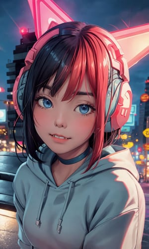 (frontal view, facing viewer:1.2), centered, masterpiece, face portrait, | 1girl, solo, short hairstyle, light blue eyes, | (neon wireless headphones headset:1.2), dark blue hoodie, | futuristic city lights, sunset, buildings, urban scenery, neon lights | bokeh, depth of field, | n64style, ocarinaoftime, High detailed,1 girl,japeruana