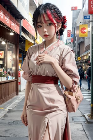 Hands,japeruana,girl, masterpiece,best quality, background city Japanese,dress red fairy ,(dress muted colours);