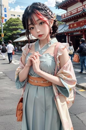 Hands,japeruana,girl, masterpiece,best quality, background city Japanese,dress orange,fairy 