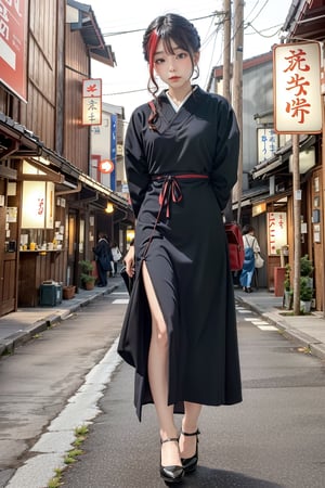 Japeruana,girl, masterpiece,best quality, background city Japanese,dress,(dress muted colours ,{red and blue}),