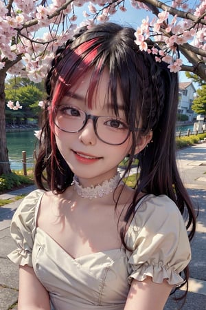 (masterpiece, best quality:1.5), outdoors, cherry blossoms, sunlight, lake, dappled sunlight, light particles, light rays, 1girl, blush, smile, open mouth, smile, black hair, twin_tails, wearing glasses, dress, white dress, puffy sleeves, frills,japeruana