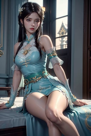 1girl , Pretty ,asian, golden ratio , white wedding outfit , long erotic black hair , angry eyes , soft and long thighs ,blue heels,detailed face , detailed eyes , detailed hands ,detailed arms, detailed thighs , detailed legs, 4k , 8k , hyperrealism