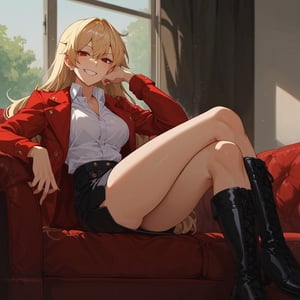 score_9, score_8_up, score_7_up,  score_6_up, score_5_up, score_9, score_8_up, score_7_up,1girl,{gilgamesh (immoral biker jacket) (fate), genderswap, genderswap mtf, red eyes, half-closed eyes, high detailed eyes, {{cinematic}}, {{anime screencap}}, {{{{very aesthetic, {best quality}, {high details, {cinematic}, anime screencap}}}}, collared jacket, cropped jacket, white shirt, very long hair, miniskirt, black skirt, eyelashes, thighboots, black footwear, looking at viewer, couch, on couch, sitting, crossed legs, hand on own cheek, grin, portrait,  