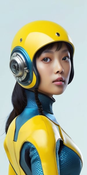 a girl, thunder yellow jacket, tight suit,Space helm of the 1960s,and the anime series ace, Fantastic Surrealism, Post-apocalyptic, Cute Illustration, Bio-Robotic Art, Fantasy Digital Painting, Fantasy Landscapes, Dragon with a futurastic underwater helm Fantasy, Art, Surrealism, Geomorphologie-Kunst, Fluid Art, Underwater Photography, Biomechanical Sculpture, Kemono, Beautiful Girl Turned to the Camera, White Background, 3D Vector Art, Greg Rutkowski,  Detailedface, Detailedeyes, 1 girl, detailed skin