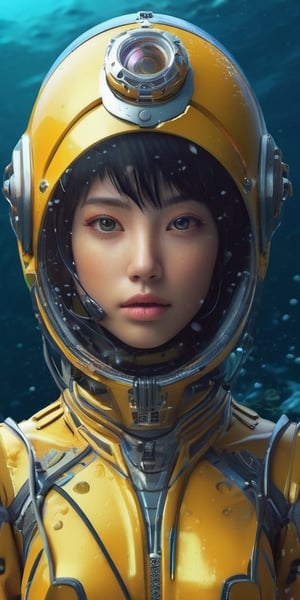 a girl, thunder yellow jacket, tight suit,Space helm of the 1960s,and the anime series ace, Fantastic Surrealism, Post-apocalyptic, Cute Illustration, Bio-Robotic Art, Fantasy Digital Painting, Fantasy Landscapes, Dragon with a futurastic underwater helm Fantasy, Art, Surrealism, Geomorphologie-Kunst, Fluid Art, Underwater Photography, Biomechanical Sculpture, Kemono, Beautiful Girl Turned to the Camera, White Background, 3D Vector Art, Greg Rutkowski,  Detailedface, Detailedeyes, 1 girl, detailed skin