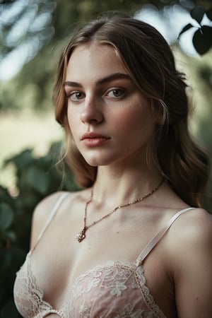 color photo of a fashion shot, capturing the pictorialist style. The sharp focus highlights the unique character of celluloid film, with its film grain adding a touch of vintage charm. The photo showcases a close-up side portrait of a beautiful girl in a Victorian rose garden. She is adorned in a lace lingerie. 
The dappled light in the garden delicately illuminates the girl's face, emphasizing her natural beauty, detailed face and eyes