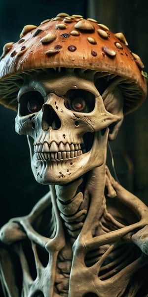 Close posing portrait of an infected anthropomorphic lifeform based on scary human skeleton, zombie with fungus and mushroom made of plants, strong studio lighting, abandoned garage, detailed skin