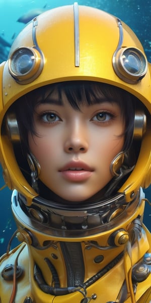 a girl, thunder yellow jacket, tight suit,Space helm of the 1960s,and the anime series ace, Fantastic Surrealism, Post-apocalyptic, Cute Illustration, Bio-Robotic Art, Fantasy Digital Painting, Fantasy Landscapes, Dragon with a futurastic underwater helm Fantasy, Art, Surrealism, Geomorphologie-Kunst, Fluid Art, Underwater Photography, Biomechanical Sculpture, Kemono, Beautiful Girl Turned to the Camera, White Background, 3D Vector Art, Greg Rutkowski,  Detailedface, Detailedeyes, 1 girl, detailed skin