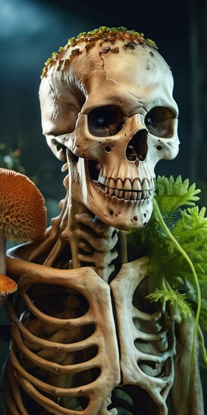 Close posing portrait of an infected anthropomorphic lifeform based on scary human skeleton, zombie with fungus and mushroom made of plants, strong studio lighting, abandoned garage, detailed skin