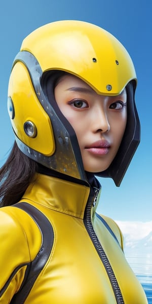 a girl, thunder yellow jacket, tight suit,Space helm of the 1960s,and the anime series ace, Fantastic Surrealism, Post-apocalyptic, Cute Illustration, Bio-Robotic Art, Fantasy Digital Painting, Fantasy Landscapes, Dragon with a futurastic underwater helm Fantasy, Art, Surrealism, Geomorphologie-Kunst, Fluid Art, Underwater Photography, Biomechanical Sculpture, Kemono, Beautiful Girl Turned to the Camera, White Background, 3D Vector Art, Greg Rutkowski,  Detailedface, Detailedeyes, 1 girl, detailed skin