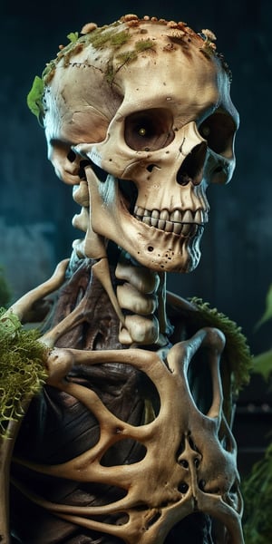 Close posing portrait of an infected anthropomorphic lifeform based on scary human skeleton, zombie with fungus and mushroom made of plants, strong studio lighting, abandoned garage, detailed skin