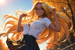 (best quality, masterpiece, perfect face, beautiful and aesthetic:1.2, colorful, dynamic angle, highest detailed face), (beautiful detailed breasts, topless, exposed breasts), 1girl, long straight blonde hair, big glasses, black rimmed glasses, happy smile,(wind blow up skirt, holding skirt up, no underwear, no panties), , micro mini pleated skirt, sunset, fall colors, beautiful trees, nature, flowers, windy, hair flowing in the wind, sun shinning through hair, high contrast, (official art, extreme detailed, highest detailed, natural skin texture, hyperrealism, soft light, sharp, perfect face)

