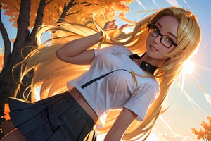 (best quality, masterpiece, perfect face, beautiful and aesthetic:1.2, colorful, dynamic angle, highest detailed face), 1girl, long straight blonde hair, big glasses, black rimmed glasses, happy smile,(wind blow up skirt, no underwear, no panties), (beautiful detailed breasts, topless, exposed breasts), micro mini pleated skirt, sunset, fall colors, beautiful trees, nature, flowers, windy, hair flowing in the wind, sun shinning through hair, high contrast, (official art, extreme detailed, highest detailed, natural skin texture, hyperrealism, soft light, sharp, perfect face)
,crop shirt underboob,
