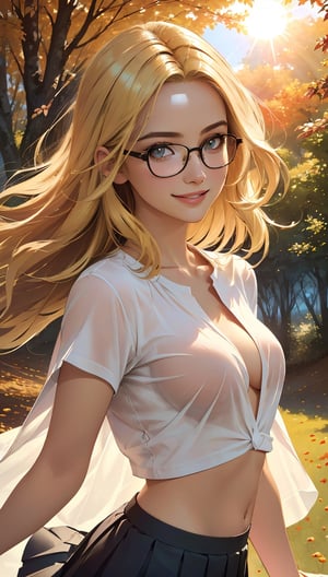 (best quality, masterpiece, perfect face, beautiful and aesthetic:1.2, colorful, dynamic angle, highest detailed face), 1girl, long straight blonde hair, big glasses, black rimmed glasses, happy smile,(no underwear, no panties), (beautiful detailed breasts, topless, exposed breasts), micro mini pleated skirt, sunset, fall colors, beautiful trees, nature, flowers, windy, hair flowing in the wind, sun shinning through hair, high contrast, (official art, extreme detailed, highest detailed, natural skin texture, hyperrealism, soft light, sharp, perfect face)
,crop shirt underboob,
,Detailedface