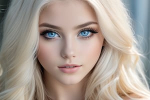 23yo teen model women ,platinum blonde long hair women, detailed face, amazing blue eyes, photorealistic, detailed eyes,light shadowing, black eyeliner, blurred background