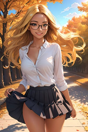 (best quality, masterpiece, perfect face, beautiful and aesthetic:1.2, colorful, dynamic angle, highest detailed face), (beautiful detailed breasts, topless, exposed breasts), 1girl, long straight blonde hair, big glasses, black rimmed glasses, happy smile,(wind blow up skirt, holding skirt up, no underwear, no panties), , micro mini pleated skirt, sunset, fall colors, beautiful trees, nature, flowers, windy, hair flowing in the wind, sun shinning through hair, high contrast, (official art, extreme detailed, highest detailed, natural skin texture, hyperrealism, soft light, sharp, perfect face)

