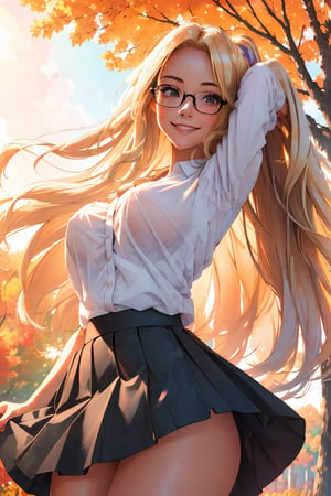 (best quality, masterpiece, perfect face, beautiful and aesthetic:1.2, colorful, dynamic angle, highest detailed face), (beautiful detailed breasts, topless, exposed breasts), 1girl, long straight blonde hair, big glasses, black rimmed glasses, happy smile,(wind blow up skirt, holding skirt up, no underwear, no panties), , micro mini pleated skirt, sunset, fall colors, beautiful trees, nature, flowers, windy, hair flowing in the wind, sun shinning through hair, high contrast, (official art, extreme detailed, highest detailed, natural skin texture, hyperrealism, soft light, sharp, perfect face)

,bottom_view