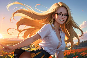 (best quality, masterpiece, perfect face, beautiful and aesthetic:1.2, colorful, dynamic angle, highest detailed face), 1girl, long straight blonde hair, big glasses, black rimmed glasses, happy smile,(wind blow up skirt, holding skirt up, no underwear, no panties), (beautiful detailed breasts, topless, exposed breasts), micro mini pleated skirt, sunset, fall colors, beautiful trees, nature, flowers, windy, hair flowing in the wind, sun shinning through hair, high contrast, (official art, extreme detailed, highest detailed, natural skin texture, hyperrealism, soft light, sharp, perfect face)

