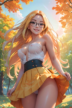 (best quality, masterpiece, perfect face, beautiful and aesthetic:1.2, colorful, dynamic angle, highest detailed face), (((beautiful detailed breasts, topless, exposed breasts))),(wind blow up skirt, holding skirt up, no underwear, no panties), 1girl, long straight blonde hair, big glasses, black rimmed glasses, happy smile, , micro mini pleated skirt, sunset, fall colors, beautiful trees, nature, flowers, windy, hair flowing in the wind, sun shinning through hair, high contrast, (official art, extreme detailed, highest detailed, natural skin texture, hyperrealism, soft light, sharp, perfect face)

,bottom_view