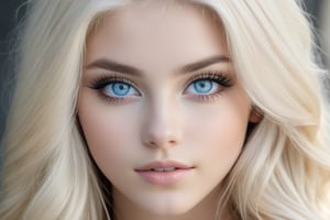23yo teen model women ,platinum blonde long hair women, detailed face, amazing blue eyes, photorealistic, detailed eyes,light shadowing, black eyeliner, blurred background