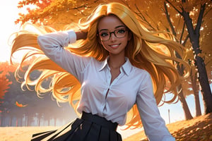 (best quality, masterpiece, perfect face, beautiful and aesthetic:1.2, colorful, dynamic angle, highest detailed face), (beautiful detailed breasts, topless, exposed breasts), 1girl, long straight blonde hair, big glasses, black rimmed glasses, happy smile,(wind blow up skirt, holding skirt up, no underwear, no panties), , micro mini pleated skirt, sunset, fall colors, beautiful trees, nature, flowers, windy, hair flowing in the wind, sun shinning through hair, high contrast, (official art, extreme detailed, highest detailed, natural skin texture, hyperrealism, soft light, sharp, perfect face)

