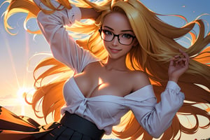 (best quality, masterpiece, perfect face, beautiful and aesthetic:1.2, colorful, dynamic angle, highest detailed face), (beautiful detailed breasts, topless, exposed breasts), 1girl, long straight blonde hair, big glasses, black rimmed glasses, happy smile,(wind blow up skirt, holding skirt up, no underwear, no panties), , micro mini pleated skirt, sunset, fall colors, beautiful trees, nature, flowers, windy, hair flowing in the wind, sun shinning through hair, high contrast, (official art, extreme detailed, highest detailed, natural skin texture, hyperrealism, soft light, sharp, perfect face)

