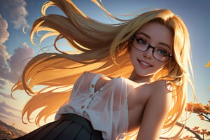 (best quality, masterpiece, perfect face, beautiful and aesthetic:1.2, colorful, dynamic angle, highest detailed face), 1girl, long straight blonde hair, big glasses, black rimmed glasses, happy smile,(wind blow up skirt, no underwear, no panties), (beautiful detailed breasts, topless, exposed breasts), micro mini pleated skirt, sunset, fall colors, beautiful trees, nature, flowers, windy, hair flowing in the wind, sun shinning through hair, high contrast, (official art, extreme detailed, highest detailed, natural skin texture, hyperrealism, soft light, sharp, perfect face)
,crop shirt underboob,
,Detailedface