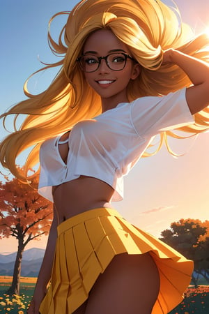 (best quality, masterpiece, perfect face, beautiful and aesthetic:1.2, colorful, dynamic angle, highest detailed face), 1girl, long straight blonde hair, big glasses, black rimmed glasses, happy smile,(wind blow up skirt, no underwear, no panties), (beautiful detailed breasts, topless, exposed breasts), micro mini pleated skirt, sunset, fall colors, beautiful trees, nature, flowers, windy, hair flowing in the wind, sun shinning through hair, high contrast, (official art, extreme detailed, highest detailed, natural skin texture, hyperrealism, soft light, sharp, perfect face)
,crop shirt underboob,
