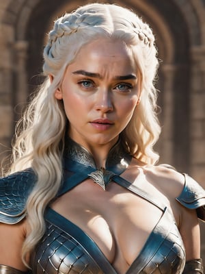 In a stunning Game of Thrones-inspired rendering, Daenerys is depicted in a dramatic and dynamic pose.  Daenerys' determined expression shows her unwavering strength and determination, Her armorless breastplate is cutout to allow her naked_breasts:1.4, to be seen, perfect ample nude breasts, her perfect nipples are perky but only half covered, photo r3al,FilmGirl, background is castle bathtub, looking at viewer and slight smile 