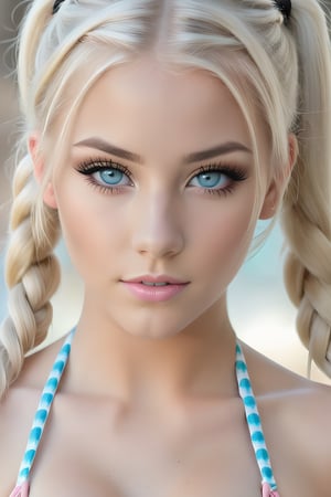 23yo teen model women ,platinum blonde long hair braided pigtails, detailed face, amazing blue eyes, smokey eyes, realistic tan skin, photorealistic, detailed eyes,light shadowing, black eyeliner, blurred background, light pink matte lipstick,micro bikini