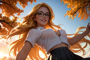 (best quality, masterpiece, perfect face, beautiful and aesthetic:1.2, colorful, dynamic angle, highest detailed face), 1girl, long straight blonde hair, big glasses, black rimmed glasses, happy smile,(wind blow up skirt, no underwear, no panties), (beautiful detailed breasts, topless, exposed breasts), micro mini pleated skirt, sunset, fall colors, beautiful trees, nature, flowers, windy, hair flowing in the wind, sun shinning through hair, high contrast, (official art, extreme detailed, highest detailed, natural skin texture, hyperrealism, soft light, sharp, perfect face)
,crop shirt underboob,
,Detailedface