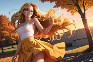 (best quality, masterpiece, perfect face, beautiful and aesthetic:1.2, colorful, dynamic angle, highest detailed face), (beautiful detailed breasts, topless, exposed breasts), 1girl, long straight blonde hair, big glasses, black rimmed glasses, happy smile,(wind blow up skirt, holding skirt up, no underwear, no panties), , micro mini pleated skirt, sunset, fall colors, beautiful trees, nature, flowers, windy, hair flowing in the wind, sun shinning through hair, high contrast, (official art, extreme detailed, highest detailed, natural skin texture, hyperrealism, soft light, sharp, perfect face)

