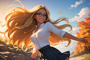 (best quality, masterpiece, perfect face, beautiful and aesthetic:1.2, colorful, dynamic angle, highest detailed face), 1girl, long straight blonde hair, big glasses, black rimmed glasses, happy smile,(wind blow up skirt, holding skirt up, no underwear, no panties), (beautiful detailed breasts, topless, exposed breasts), micro mini pleated skirt, sunset, fall colors, beautiful trees, nature, flowers, windy, hair flowing in the wind, sun shinning through hair, high contrast, (official art, extreme detailed, highest detailed, natural skin texture, hyperrealism, soft light, sharp, perfect face)

