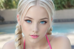 23yo teen model women ,platinum blonde long hair braided pigtails, detailed face, amazing blue eyes, photorealistic, detailed eyes,light shadowing, black eyeliner, blurred background, light pink matte lipstick,micro bikini