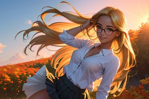 (best quality, masterpiece, perfect face, beautiful and aesthetic:1.2, colorful, dynamic angle, highest detailed face), (beautiful detailed breasts, topless, exposed breasts), 1girl, long straight blonde hair, big glasses, black rimmed glasses, happy smile,(wind blow up skirt, holding skirt up, no underwear, no panties), , micro mini pleated skirt, sunset, fall colors, beautiful trees, nature, flowers, windy, hair flowing in the wind, sun shinning through hair, high contrast, (official art, extreme detailed, highest detailed, natural skin texture, hyperrealism, soft light, sharp, perfect face)

