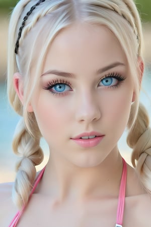 23yo teen model women ,platinum blonde long hair braided pigtails, detailed face, amazing blue eyes, photorealistic, detailed eyes,light shadowing, black eyeliner, blurred background, light pink matte lipstick,micro bikini