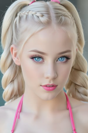 23yo teen model women ,platinum blonde long hair braided pigtails, detailed face, amazing blue eyes, photorealistic, detailed eyes,light shadowing, black eyeliner, blurred background, light pink matte lipstick,micro bikini