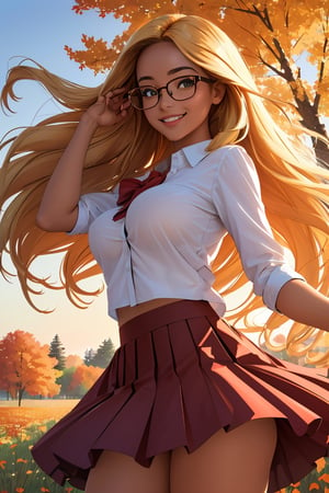 (best quality, masterpiece, perfect face, beautiful and aesthetic:1.2, colorful, dynamic angle, highest detailed face), (beautiful detailed breasts, topless, exposed breasts), 1girl, long straight blonde hair, big glasses, black rimmed glasses, happy smile,(wind blow up skirt, holding skirt up, no underwear, no panties), , micro mini pleated skirt, sunset, fall colors, beautiful trees, nature, flowers, windy, hair flowing in the wind, sun shinning through hair, high contrast, (official art, extreme detailed, highest detailed, natural skin texture, hyperrealism, soft light, sharp, perfect face)

