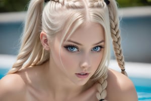 ((no bikini top, exposed breasts:1.2)), (((nsfw, naked, nude))),23yo teen model women ,platinum blonde long hair braided pigtails, playing with hair, detailed face, amazing blue eyes, smokey eyes, realistic tan skin, photorealistic, detailed eyes,light shadowing, black eyeliner, blurred background, light pink matte lipstick,micro bikini bottom only, 

((view from behind, on all four, near edge of pool)),