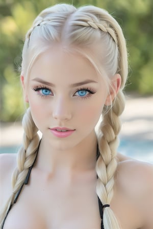 23yo teen model women ,platinum blonde long hair braided pigtails, detailed face, amazing blue eyes, photorealistic, detailed eyes,light shadowing, black eyeliner, blurred background, light pink matte lipstick,micro bikini