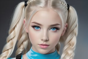 23yo teen model women ,platinum blonde long hair braided pigtails, detailed face, amazing blue eyes, photorealistic, detailed eyes,light shadowing, black eyeliner, blurred background, light pink matte lipstick